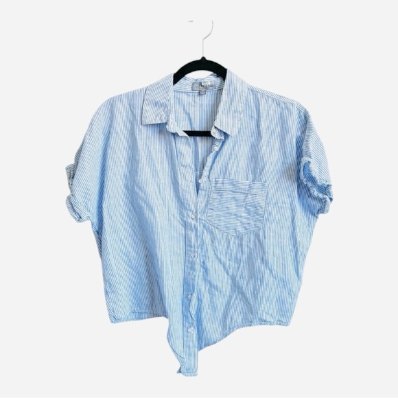 DL1961 Chrystie Street Top Blouse Tie Front Blue White Stripe Linen Blend Size M - Picture 5 of 7